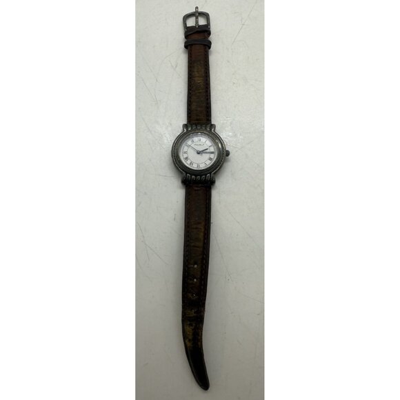 Vtg Eddie Bauer Bronze Silver Toned Date Watch 5ATM WR 42102 Brown Leather Band - Picture 3 of 7